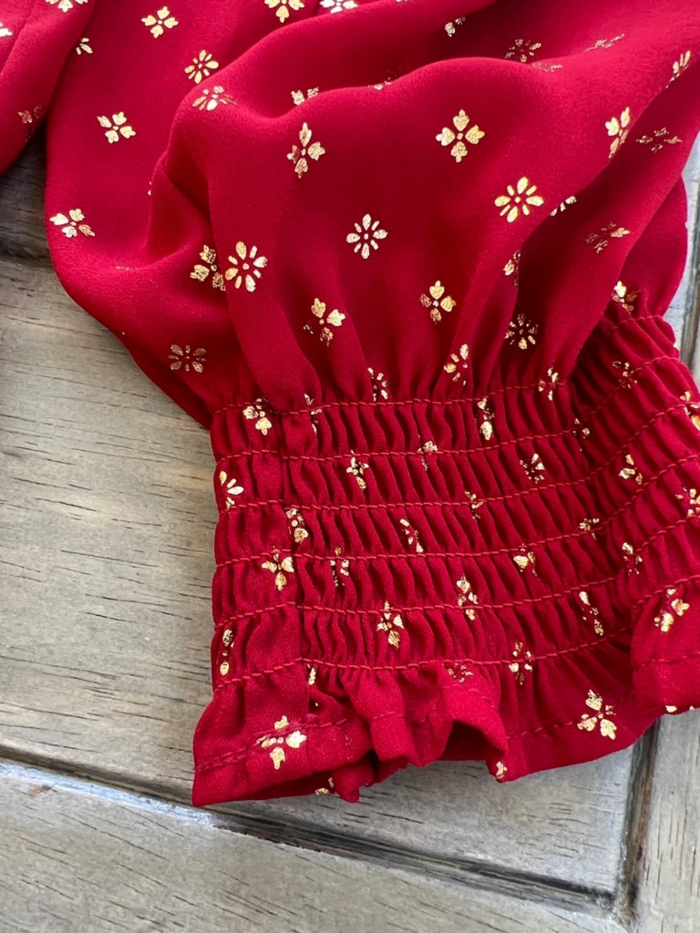 Time and Tru Red Tie-Neck Long-Sleeve Blouse with Gold Dot Print - Picture 7 of 13